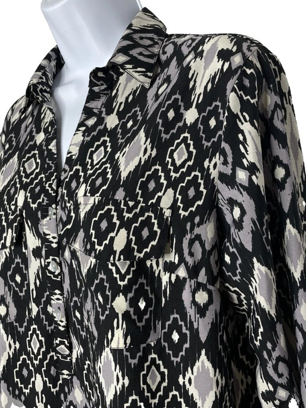 Roper Ikat Western Shirt Dress Size M Black Gray Southwestern Aztec Roll Tab - Picture 6 of 8